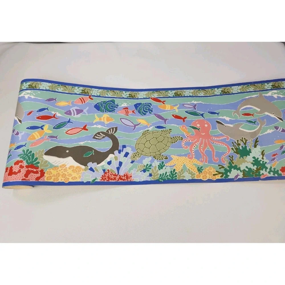 Vintage Laura Ashley Under The Sea Border Wallpaper Ocean Bathroom Dolphins Fish